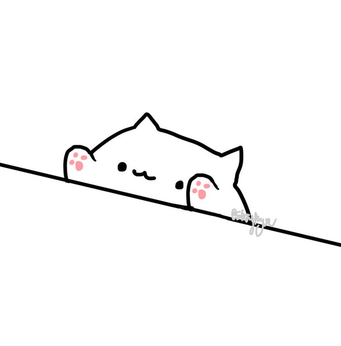 原始 Bongo Cat 画作：白猫趴在一条线上，粉色肉垫，画师签名在画面里